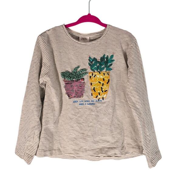 Zara Girls Striped Sequin Long Sleeve Crew Neck Striped T Shirt White Black Sz 6 - Picture 1 of 4